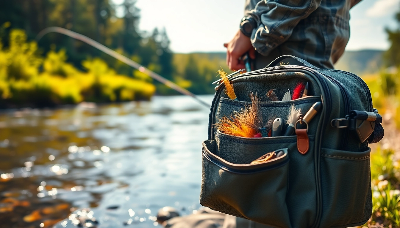 Showcasing a Fly fishing bag filled with fishing gear beside a tranquil river.
