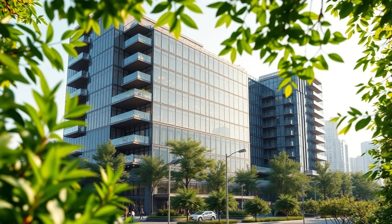 Architekturvisualisierung zeigt ein modernes Gebäude mit lebendigen Elementen und urbaner Kulisse.